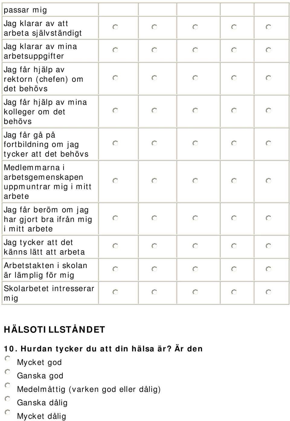 beröm om jag har gjort bra ifrån mig i mitt arbete Jag tycker att det känns lätt att arbeta Arbetstakten i skolan är lämplig för mig Skolarbetet