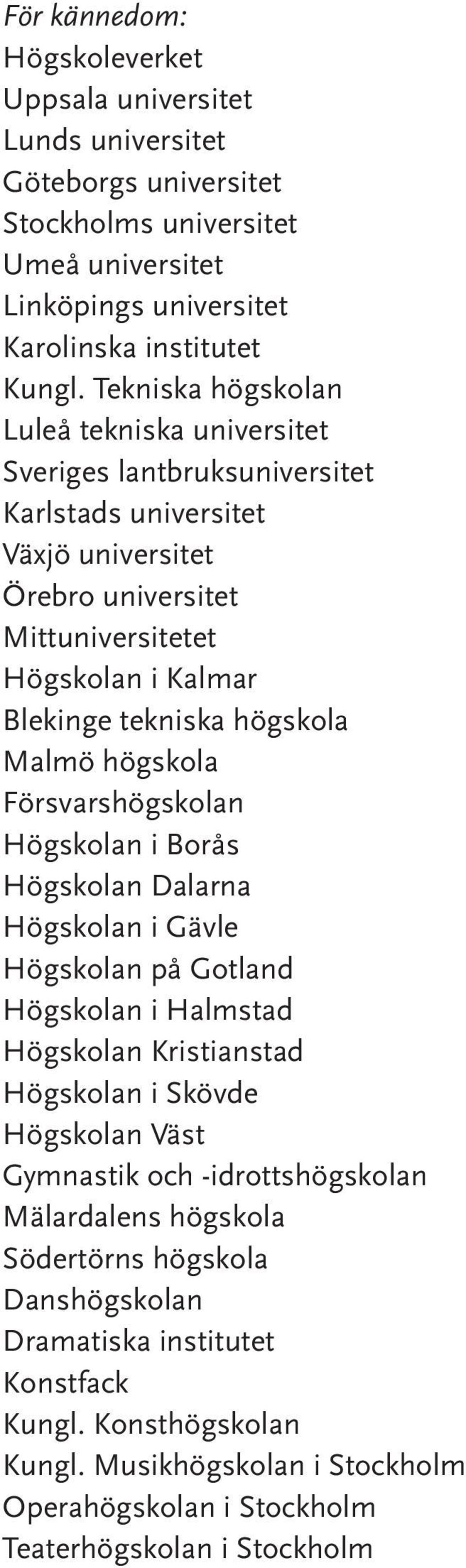 Malmö högskola Försvarshögskolan Högskolan i Borås Högskolan Dalarna Högskolan i Gävle Högskolan på Gotland Högskolan i Halmstad Högskolan Kristianstad Högskolan i Skövde Högskolan Väst Gymnastik