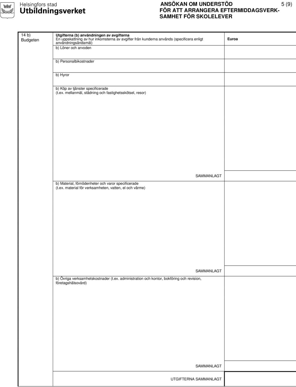 specificerade (t.ex. mellanmål, städning och fastighetsskötsel, resor) b) Material, förnödenheter och varor specificerade (t.ex. material för verksamheten, vatten, el och värme) b) Övriga verksamhetskostnader (t.