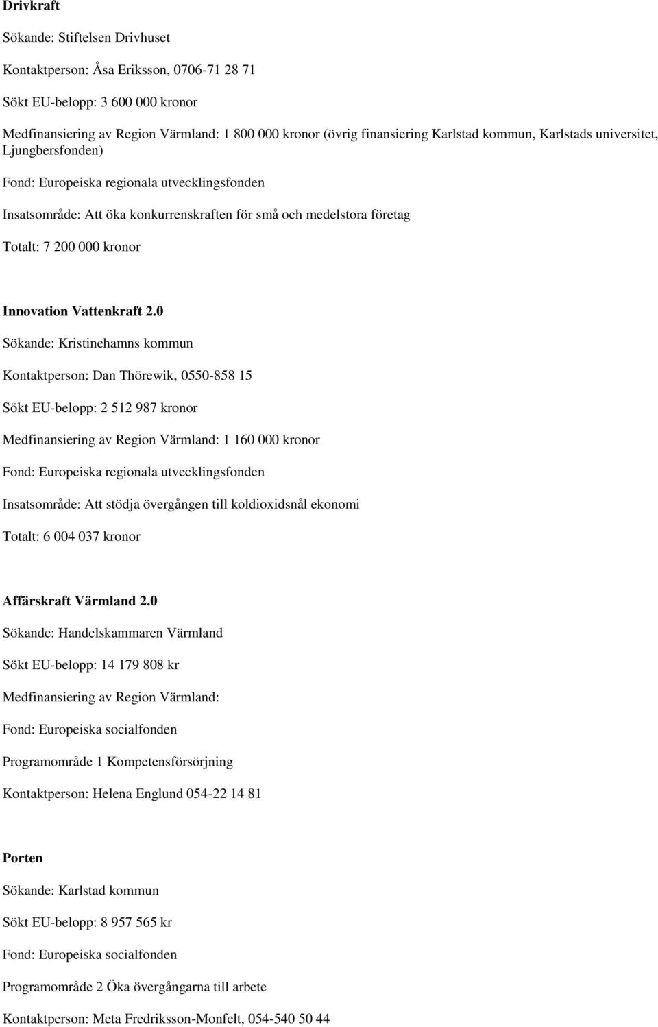 0 Sökande: Kristinehamns kommun Kontaktperson: Dan Thörewik, 0550-858 15 Sökt EU-belopp: 2 512 987 kronor Medfinansiering av Region Värmland: 1 160 000 kronor Insatsområde: Att stödja övergången till