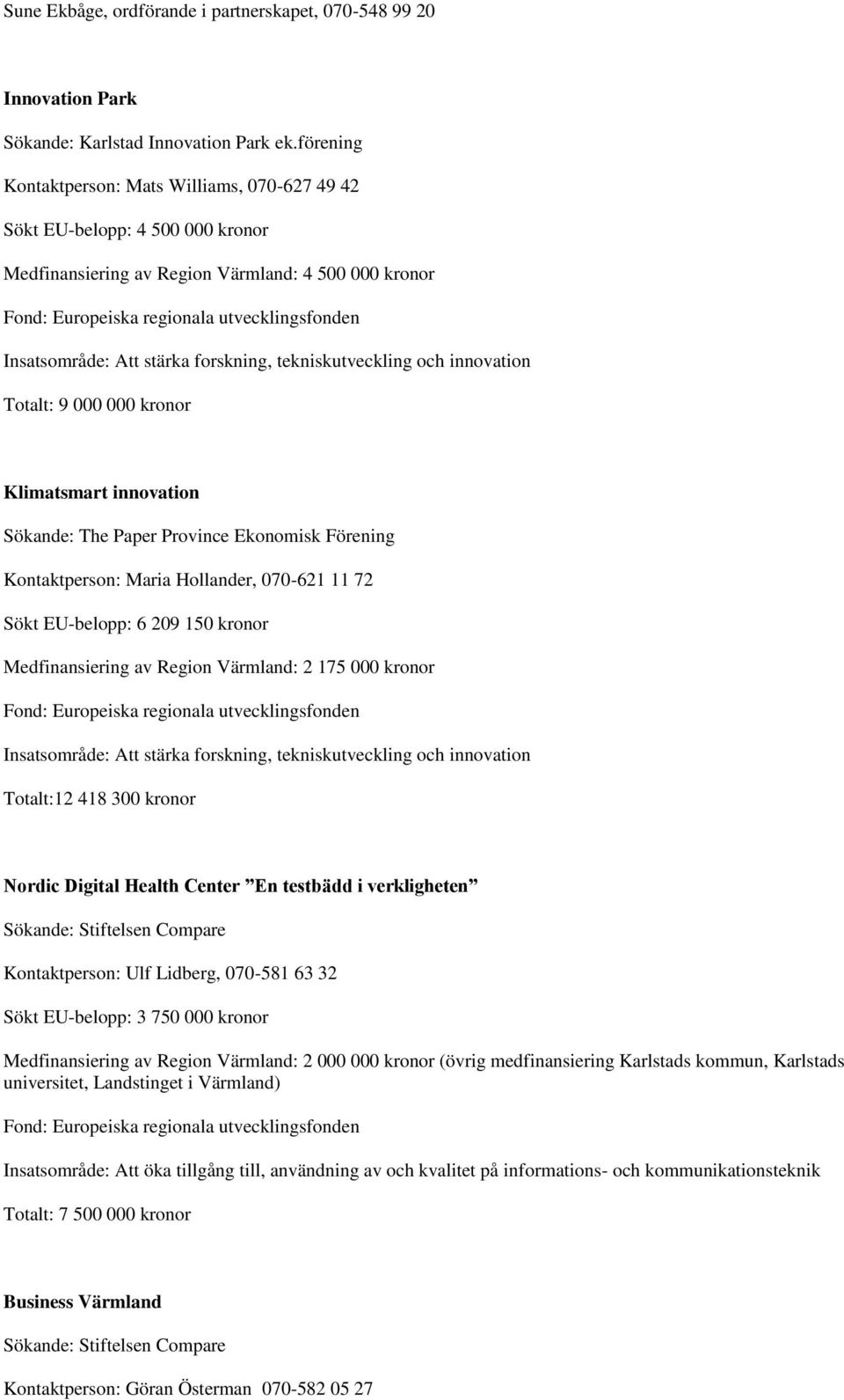 innovation Totalt: 9 000 000 kronor Klimatsmart innovation Sökande: The Paper Province Ekonomisk Förening Kontaktperson: Maria Hollander, 070-621 11 72 Sökt EU-belopp: 6 209 150 kronor