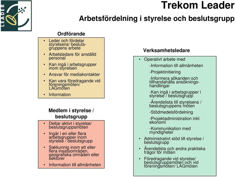 arbetsgrupper inom styrelse / beslutsgrupp Sakkunnig inom ett eller flera insatsområden, geografiska områden eller sektorer Information till allmänheten Verksamhetsledare Operativt arbete med