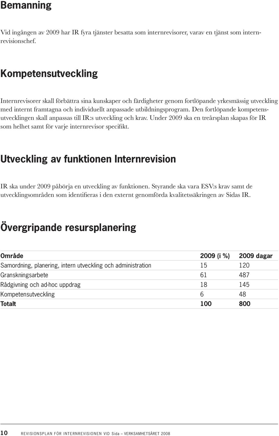 Den fortlöpande kompetensutvecklingen skall anpassas till IR:s utveckling och krav. Under 2009 ska en treårsplan skapas för IR som helhet samt för varje internrevisor specifikt.