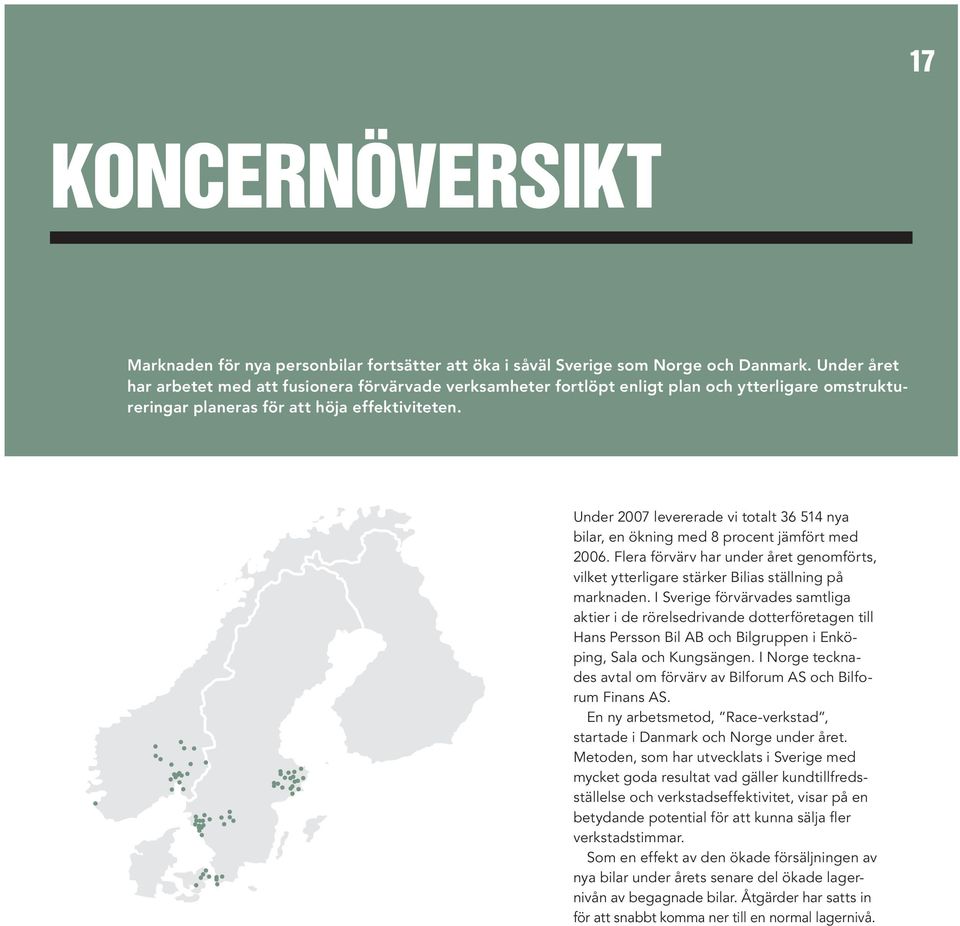 Under 20 levererade vi totalt 36 514 nya bilar, en ökning med 8 procent jämfört med 2006. Flera förvärv har under året genomförts, vilket ytterligare stärker Bilias ställning på marknaden.