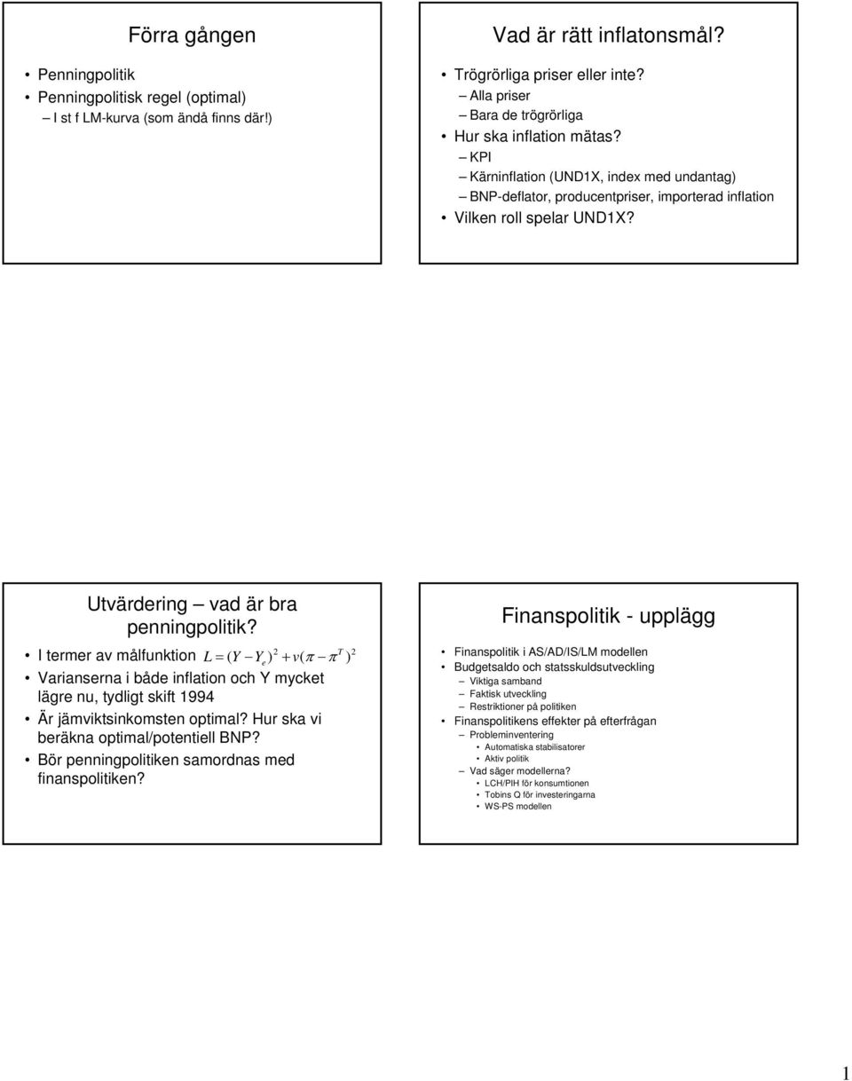 Utvärdering vad är bra penningpolitik? T I termer av målfunktion L= ( Y Ye ) + v( π π ) Varianserna i både inflation och Y mycket lägre nu, tydligt skift 1994 Är jämviktsinkomsten optimal?