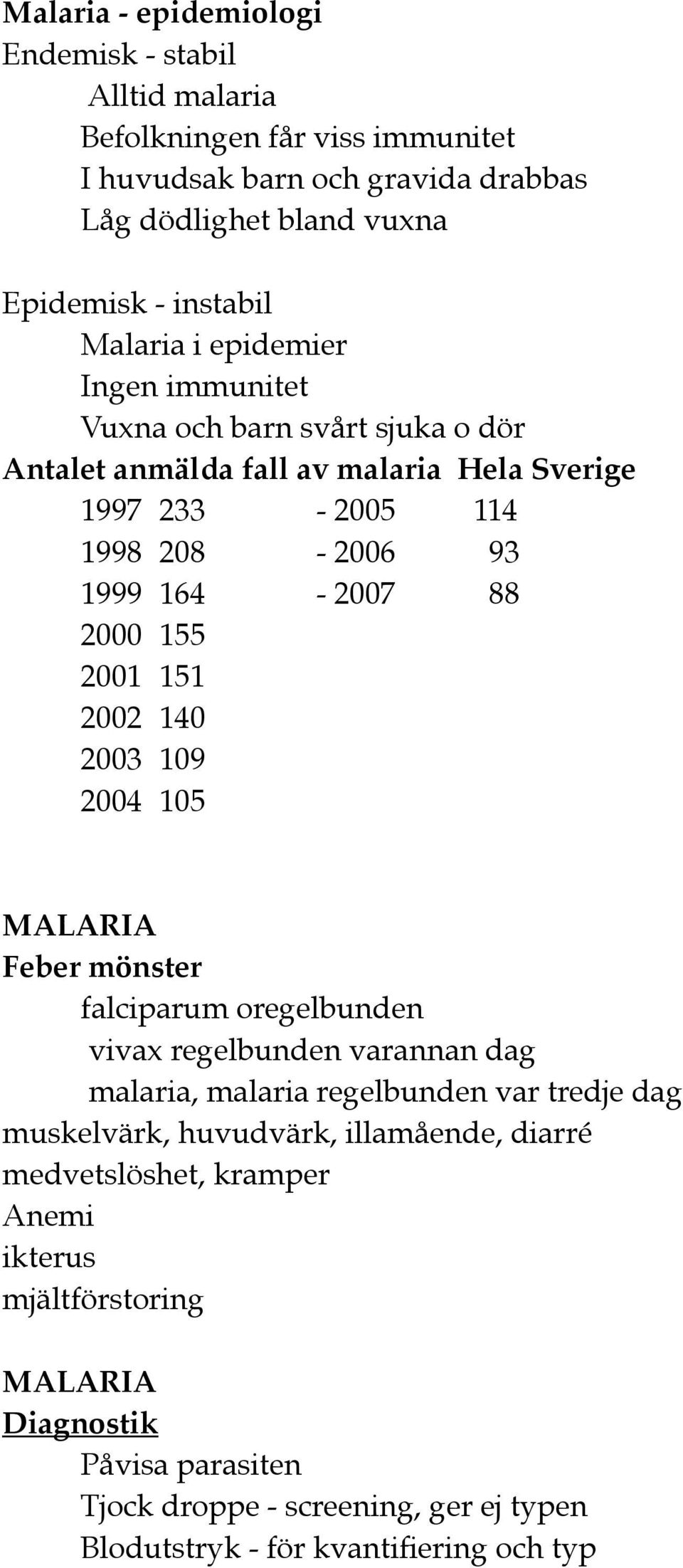2001 151 2002 140 2003 109 2004 105 MALARIA Feber mönster falciparum oregelbunden vivax regelbunden varannan dag malaria, malaria regelbunden var tredje dag muskelvärk,
