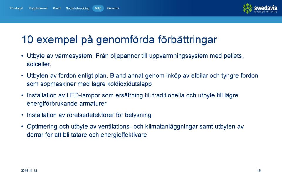 Bland annat genom inköp av elbilar och tyngre fordon som sopmaskiner med lägre koldioxidutsläpp Installation av LED-lampor som ersättning