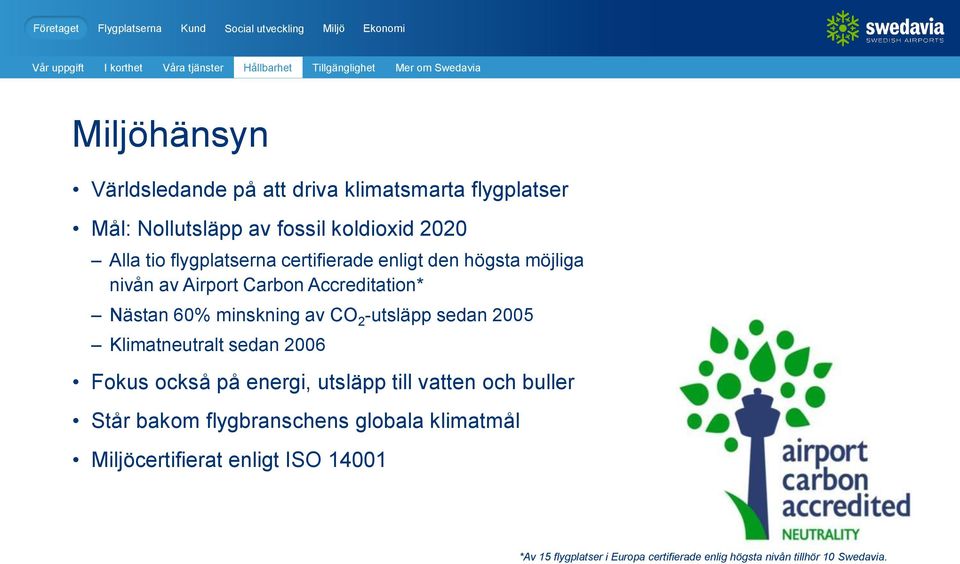 Nästan 60% minskning av CO 2 -utsläpp sedan 2005 Klimatneutralt sedan 2006 Fokus också på energi, utsläpp till vatten och buller Står bakom