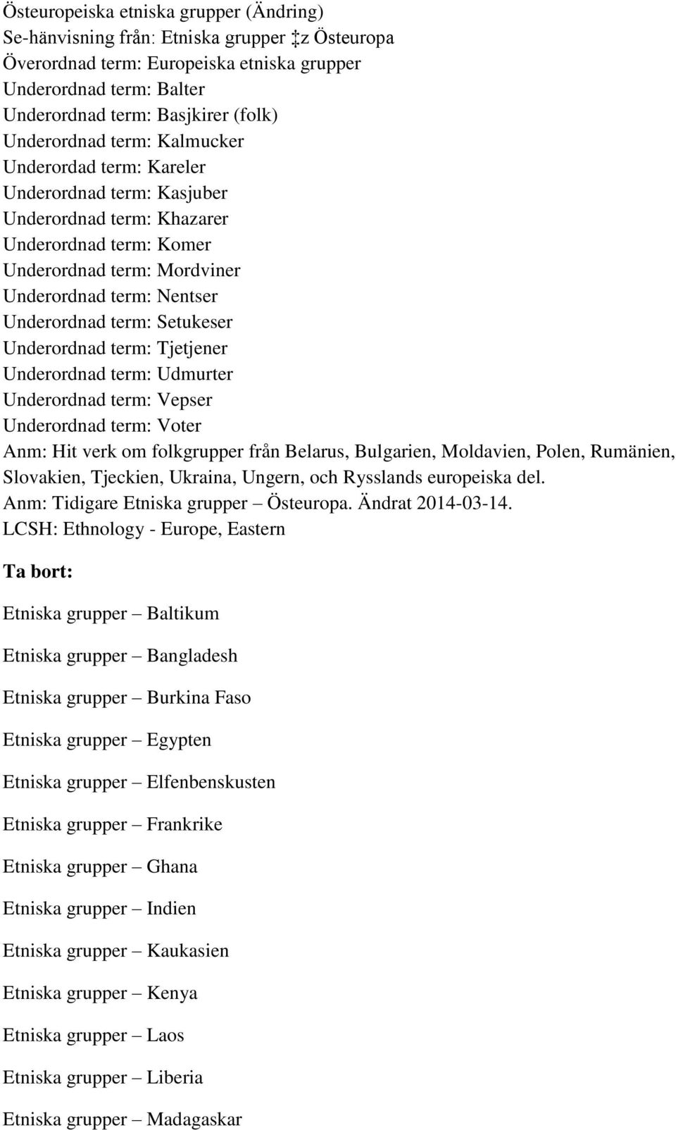 term: Setukeser Underordnad term: Tjetjener Underordnad term: Udmurter Underordnad term: Vepser Underordnad term: Voter Anm: Hit verk om folkgrupper från Belarus, Bulgarien, Moldavien, Polen,