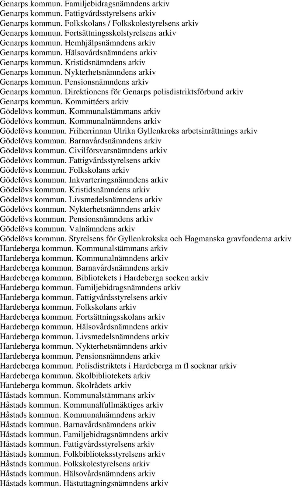 Nykterhetsnämndens arkiv Genarps kommun. Pensionsnämndens arkiv Genarps kommun. Direktionens för Genarps polisdistriktsförbund arkiv Genarps kommun. Kommittéers arkiv Gödelövs kommun.