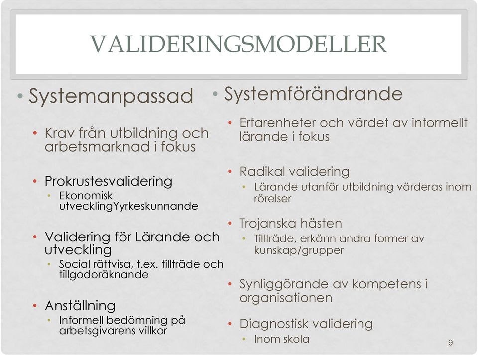 tillträde och tillgodoräknande Anställning Informell bedömning på arbetsgivarens villkor Radikal validering Lärande utanför utbildning värderas