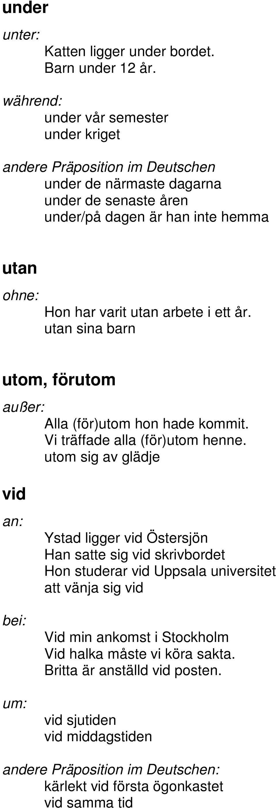 varit utan arbete i ett år. utan sina barn utom, förutom außer: Alla (för)utom hon hade kommit. Vi träffade alla (för)utom henne.