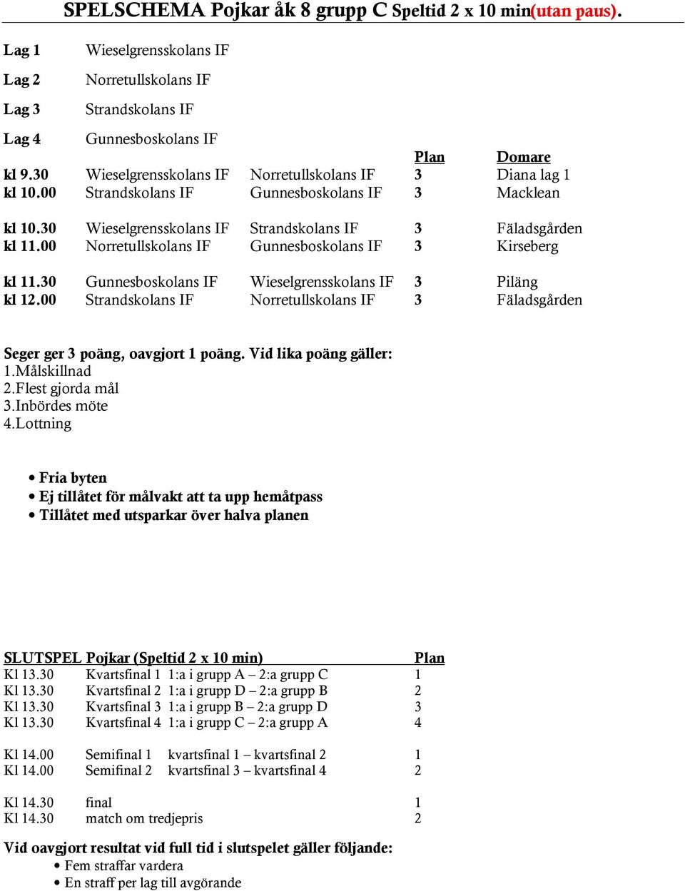 30 Wieselgrensskolans IF Norretullskolans IF 3 Diana lag 1 kl 10.00 Strandskolans IF Gunnesboskolans IF 3 Macklean kl 10.