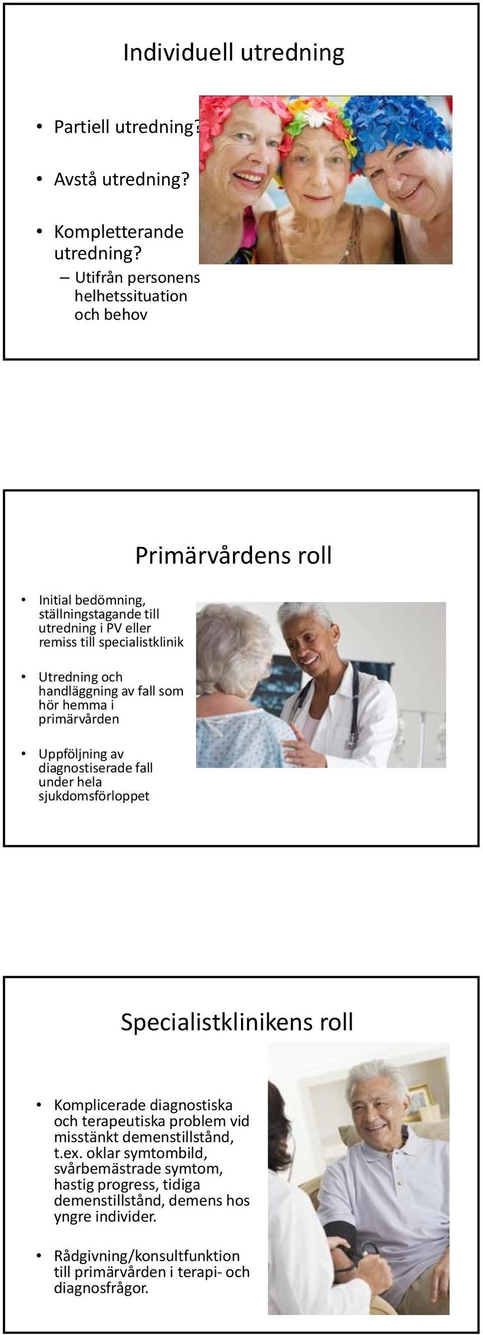 fall som hör hemma i primärvården Uppföljning av diagnostiserade fall under hela sjukdomsförloppet Primärvårdens roll Specialistklinikens roll Komplicerade