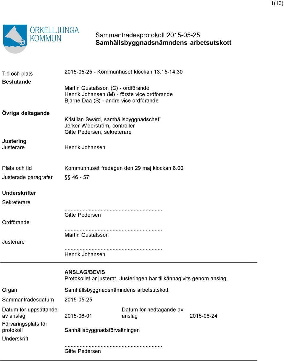 samhällsbyggnadschef Jerker Widerström, controller Gitte Pedersen, sekreterare Henrik Johansen Plats och tid Kommunhuset fredagen den 29 maj klockan 8.