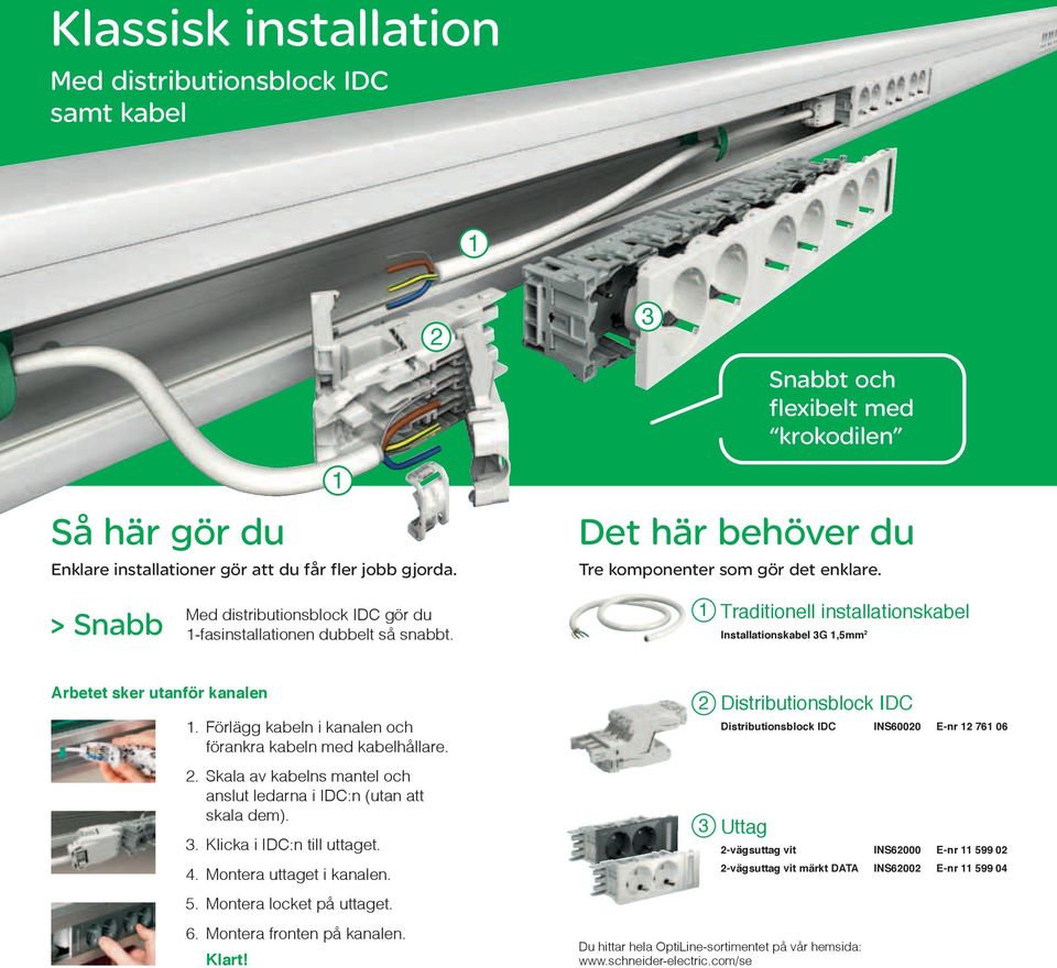 Traditionell installationskabel Installationskabel G,5mm Arbetet sker utanför kanalen. Förlägg kabeln i kanalen och förankra kabeln med kabelhållare.