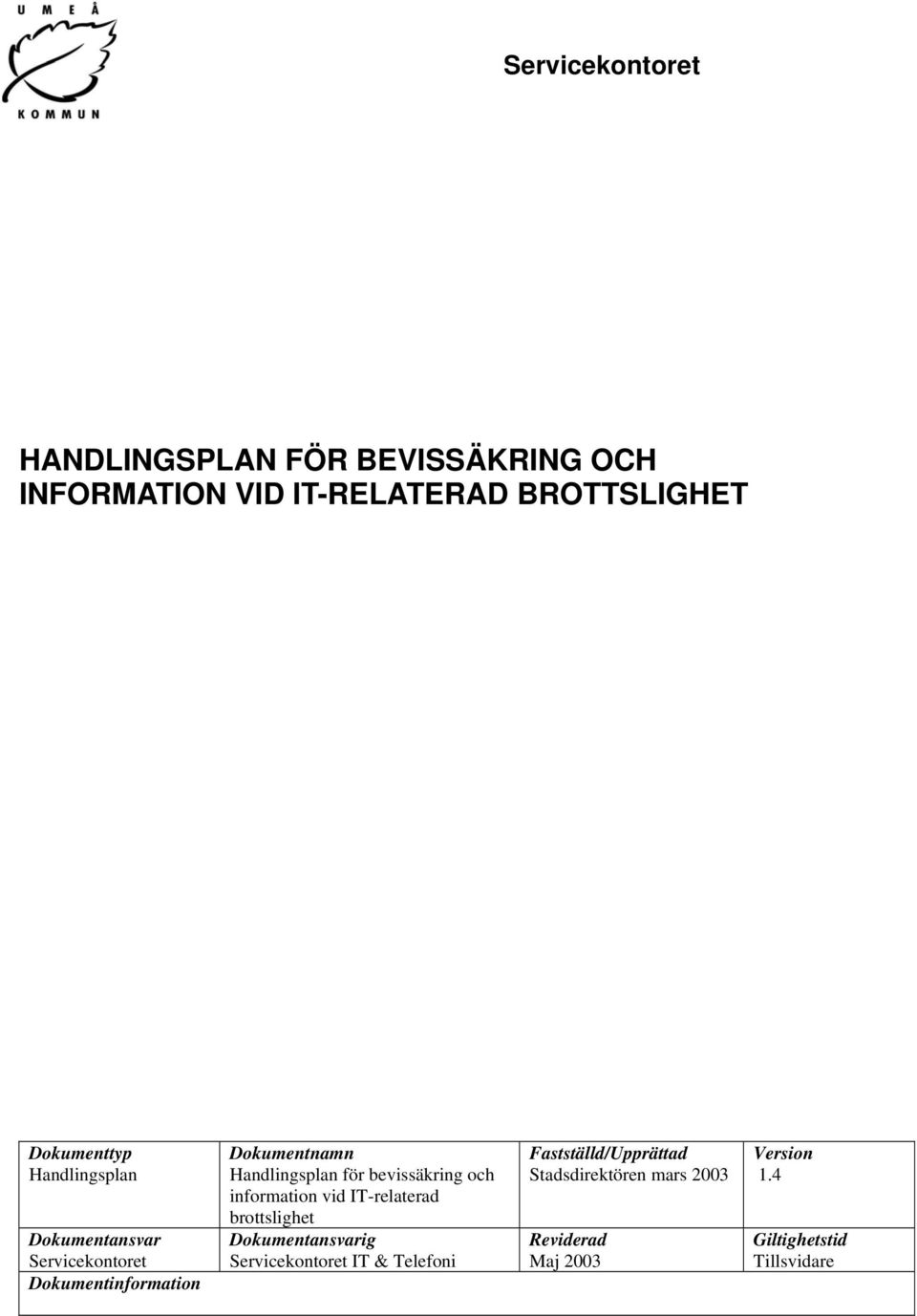 Handlingsplan för bevissäkring och information vid IT-relaterad brottslighet Dokumentansvarig