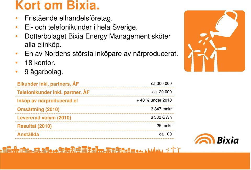 18 kontor. 9 ägarbolag. Elkunder inkl. partners, ÅF ca 300 000 Telefonikunder inkl.