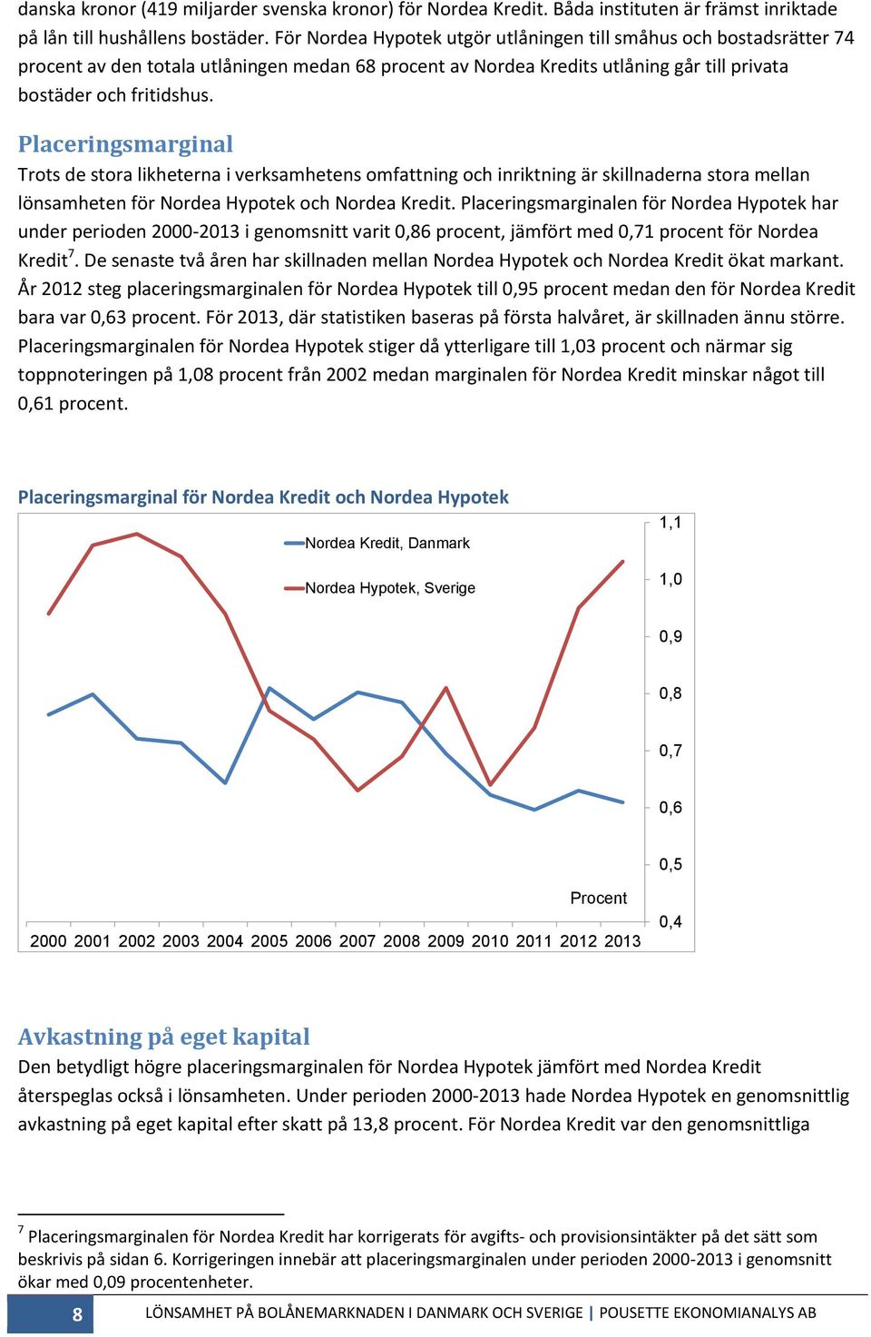 Placeringsmarginal Trots de stora likheterna i verksamhetens omfattning och inriktning är skillnaderna stora mellan lönsamheten för Nordea Hypotek och Nordea Kredit.