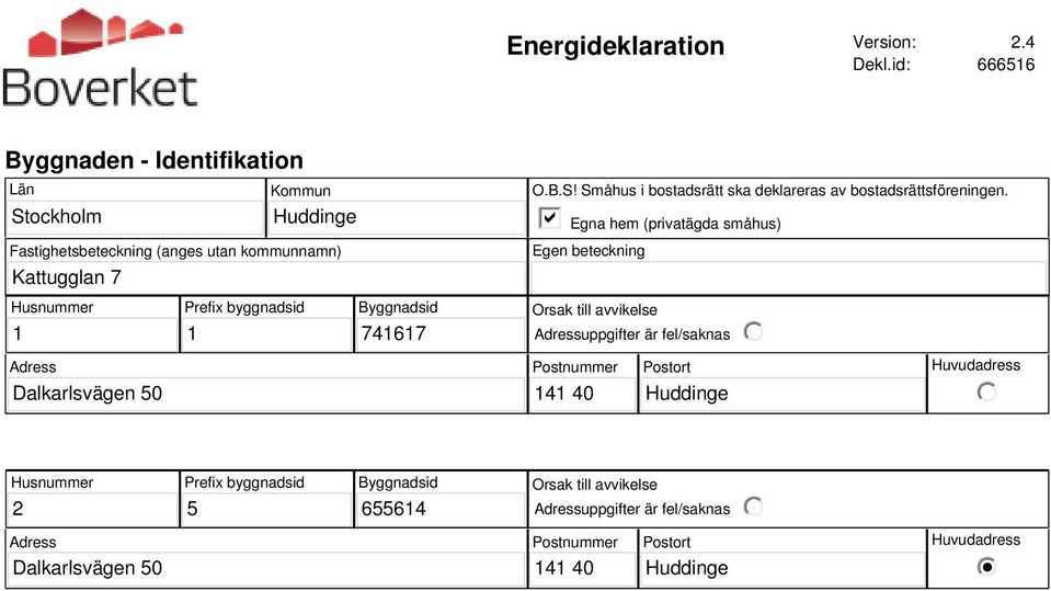 Egna hem (privatägda småhus) Egen beteckning Husnummer 1 Prefix byggnadsid 1 Byggnadsid 741617 Orsak till avvikelse Adressuppgifter är fel/saknas