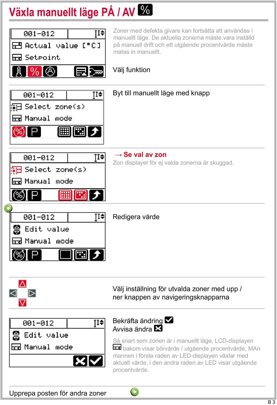 Byt till manuellt läge med knapp Se val av zon Zon displayer för ej valda zonerna är skuggad.