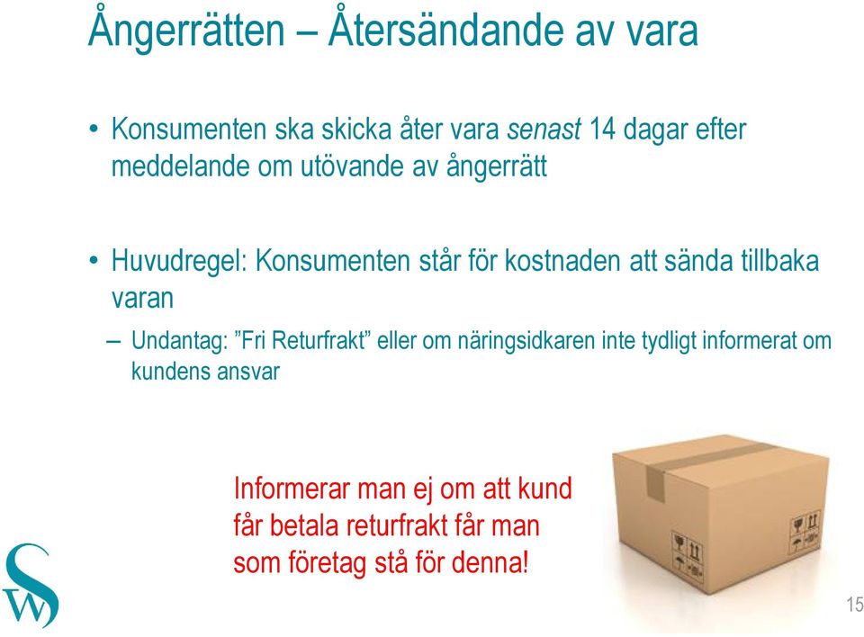 tillbaka varan Undantag: Fri Returfrakt eller om näringsidkaren inte tydligt informerat om