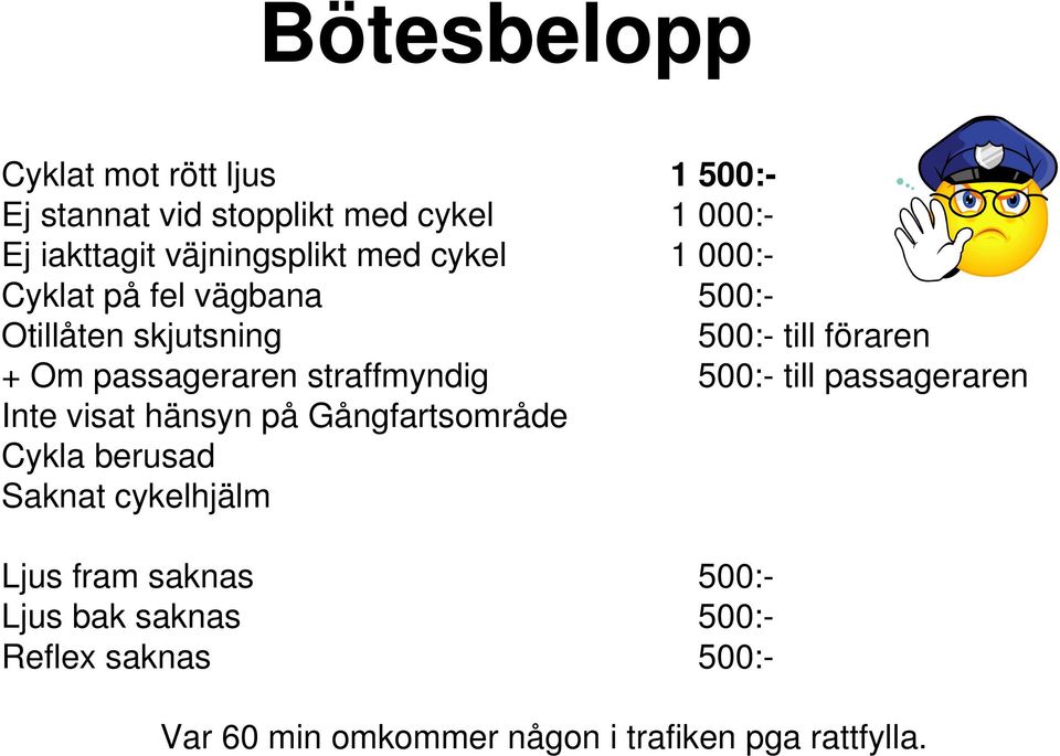 passageraren straffmyndig 500:- till passageraren Inte visat hänsyn på Gångfartsområde Cykla berusad Saknat