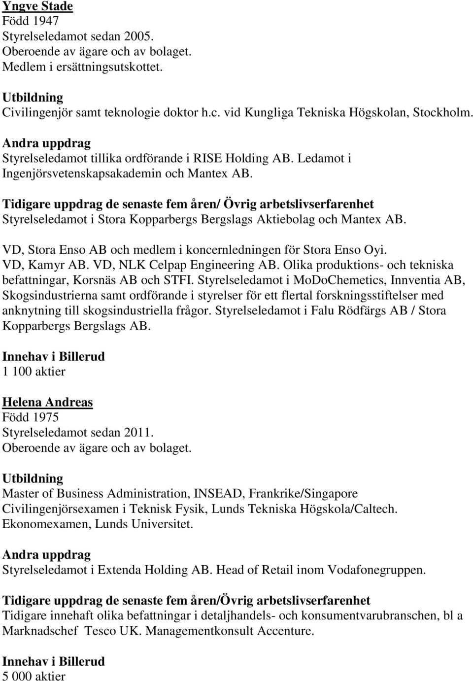 VD, Stora Enso AB och medlem i koncernledningen för Stora Enso Oyi. VD, Kamyr AB. VD, NLK Celpap Engineering AB. Olika produktions- och tekniska befattningar, Korsnäs AB och STFI.