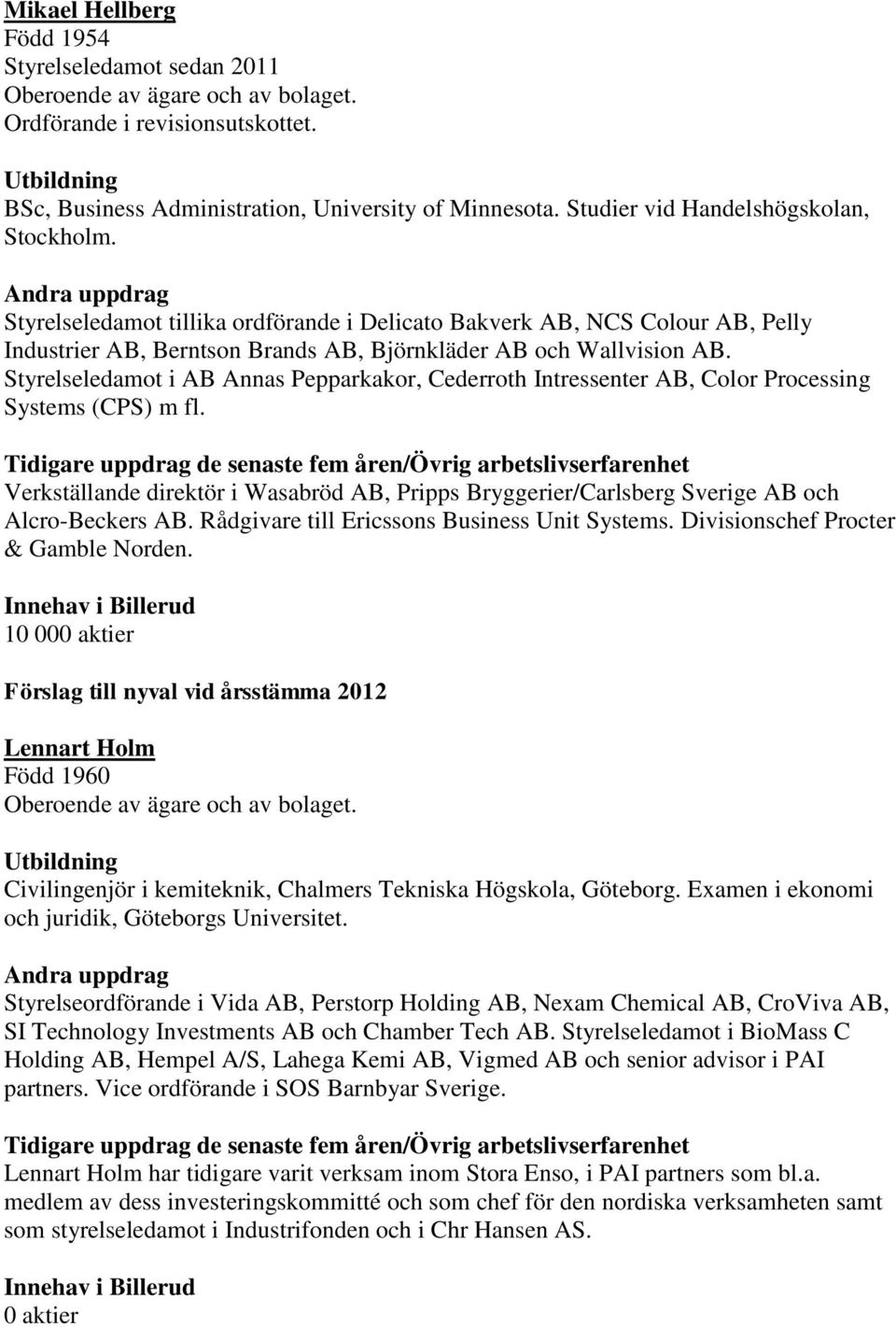Styrelseledamot i AB Annas Pepparkakor, Cederroth Intressenter AB, Color Processing Systems (CPS) m fl.