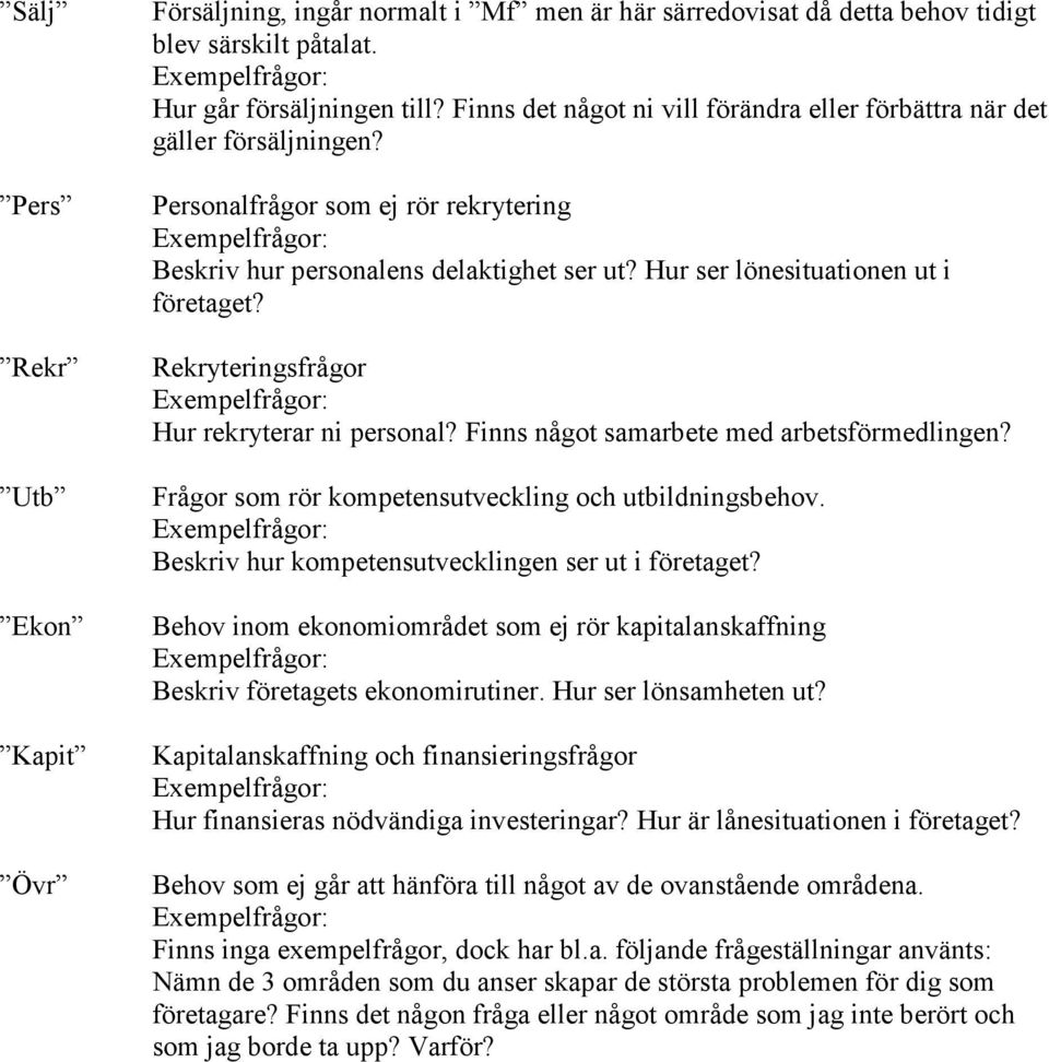 Rekryteringsfrågor Hur rekryterar ni personal? Finns något samarbete med arbetsförmedlingen? Frågor som rör kompetensutveckling och utbildningsbehov.