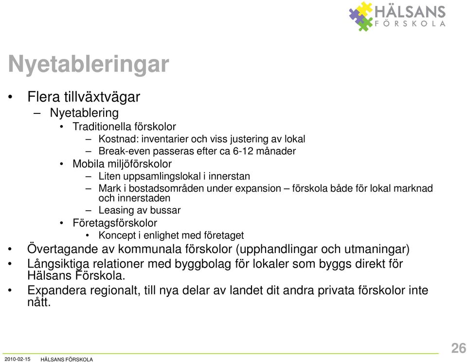 innerstaden Leasing av bussar Företagsförskolor Koncept i enlighet med företaget Övertagande av kommunala förskolor (upphandlingar och utmaningar)