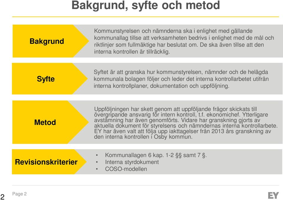 Syfte Syftet är att granska hur kommunstyrelsen, nämnder och de helägda kommunala bolagen följer och leder det interna kontrollarbetet utifrån interna kontrollplaner, dokumentation och uppföljning.