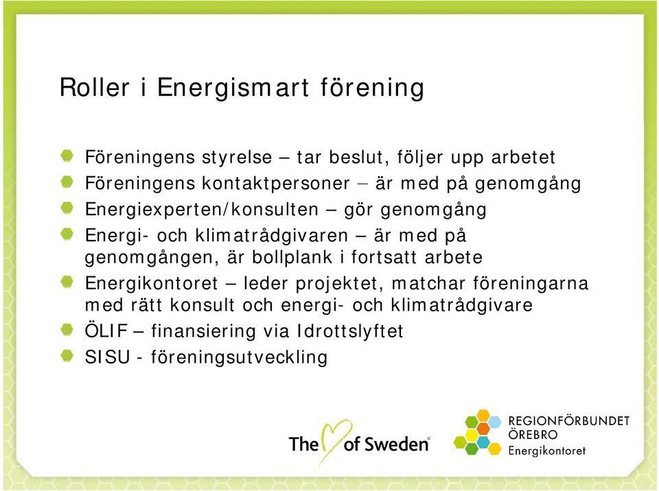 är med på genomgången, är bollplank i fortsatt arbete Energikontoret leder projektet, matchar