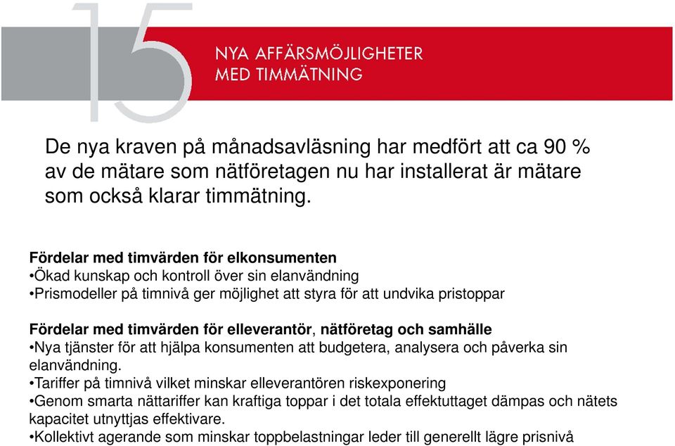 timvärden för elleverantör, nätföretag och samhälle Nya tjänster för att hjälpa konsumenten att budgetera, analysera och påverka sin elanvändning.