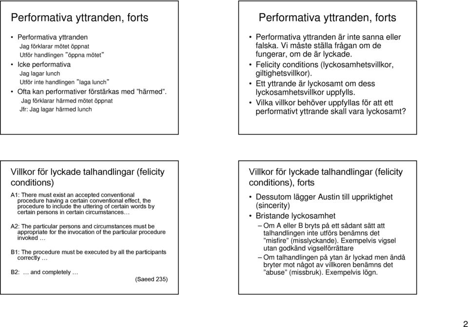 Vi måste ställa frågan om de fungerar, om de är lyckade. Felicity conditions (lyckosamhetsvillkor, giltighetsvillkor). Ett yttrande är lyckosamt om dess lyckosamhetsvillkor uppfylls.