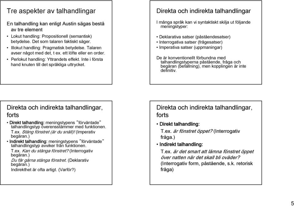 Direkta och indirekta talhandlingar I många språk kan vi syntaktiskt skilja ut följande meningstyper: Deklarativa satser (påståendesatser) Interrogativa satser (frågesatser) Imperativa satser