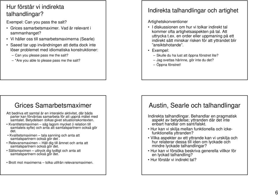 *Are you able to please pass me the salt? Indirekta talhandlingar och artighet Artighetskonventioner I diskussionen om hur vi tolkar indirekt tal kommer ofta artighetsaspekten på tal. Att uttrycka t.