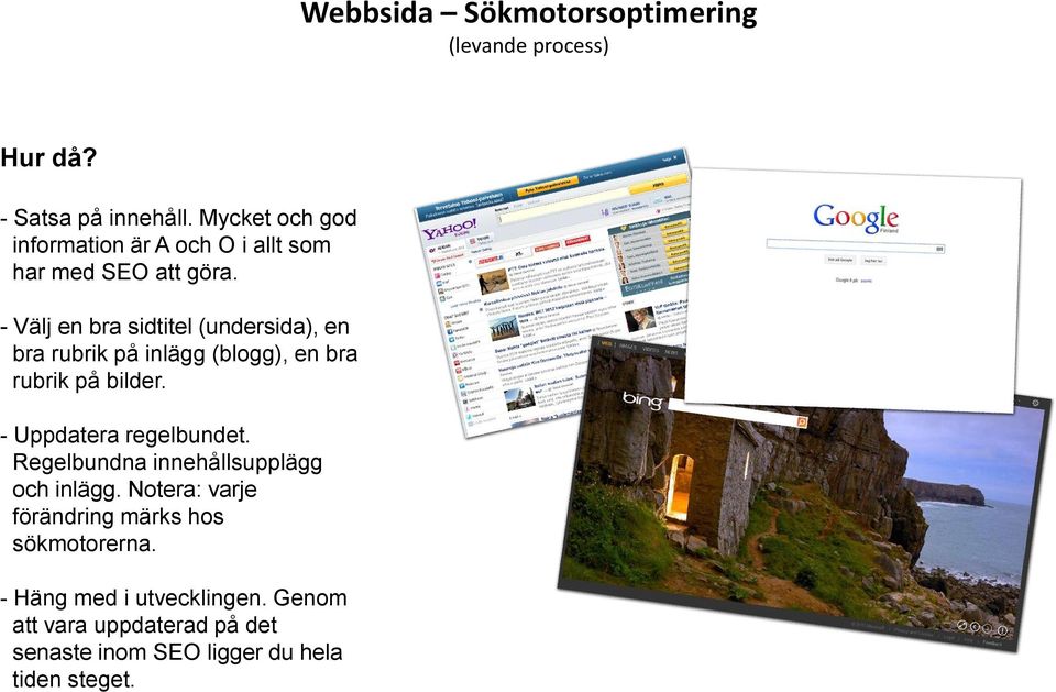 - Välj en bra sidtitel (undersida), en bra rubrik på inlägg (blogg), en bra rubrik på bilder.