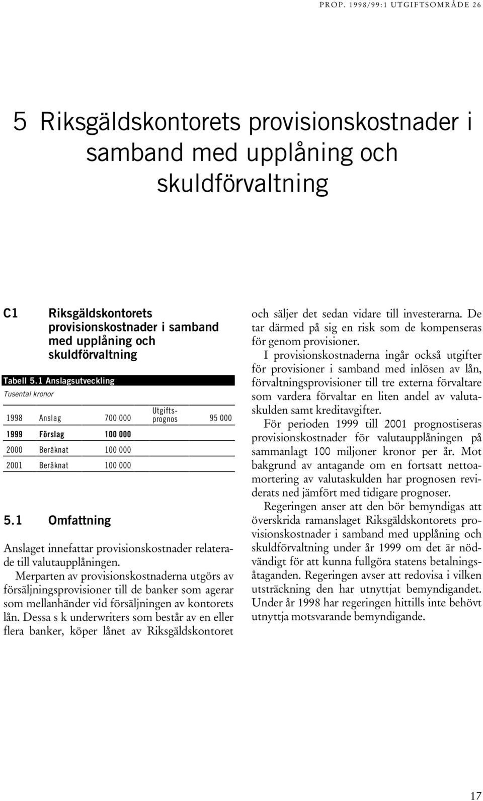 1 Omfattning Utgiftsprognos 95 000 Anslaget innefattar provisionskostnader relaterade till valutaupplåningen.