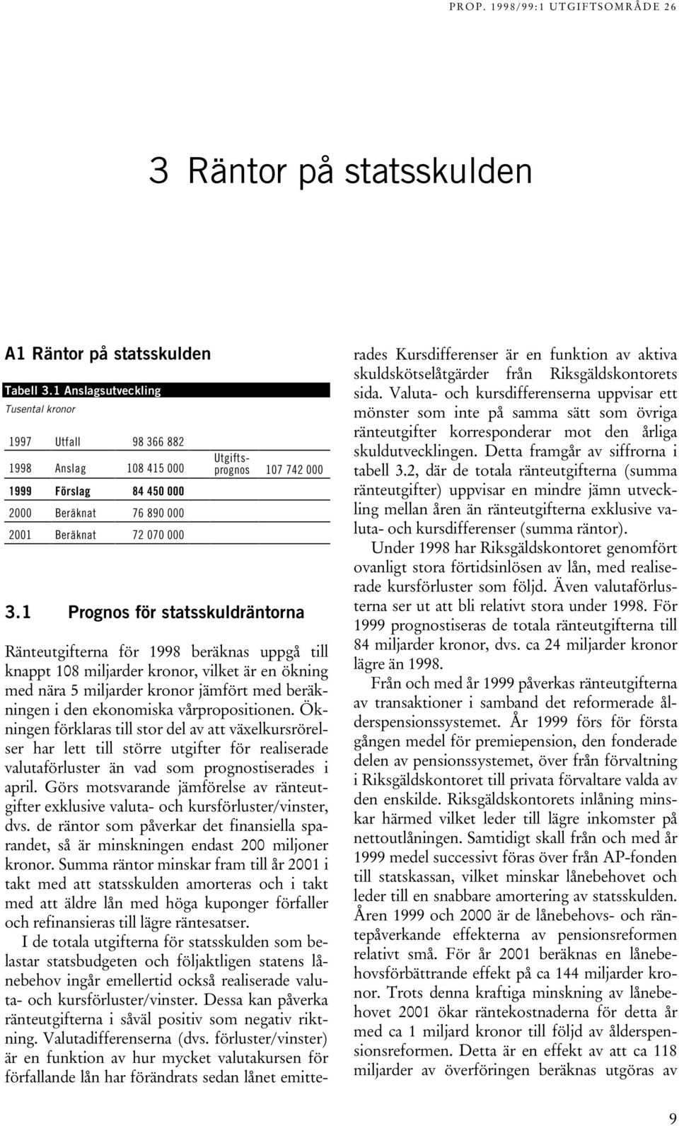 1 Prognos för statsskuldräntorna Ränteutgifterna för 1998 beräknas uppgå till knappt 108 miljarder kronor, vilket är en ökning med nära 5 miljarder kronor jämfört med beräkningen i den ekonomiska