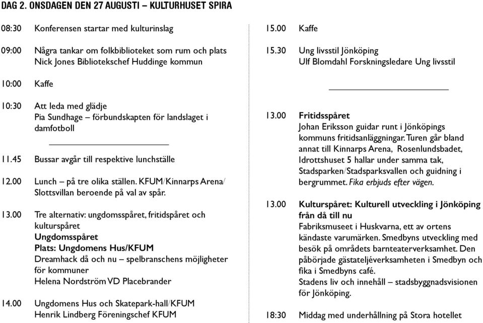 45 Bussar avgår till respektive lunchställe 12.00 Lunch på tre olika ställen. KFUM/Kinnarps Arena/ Slottsvillan beroende på val av spår. 13.