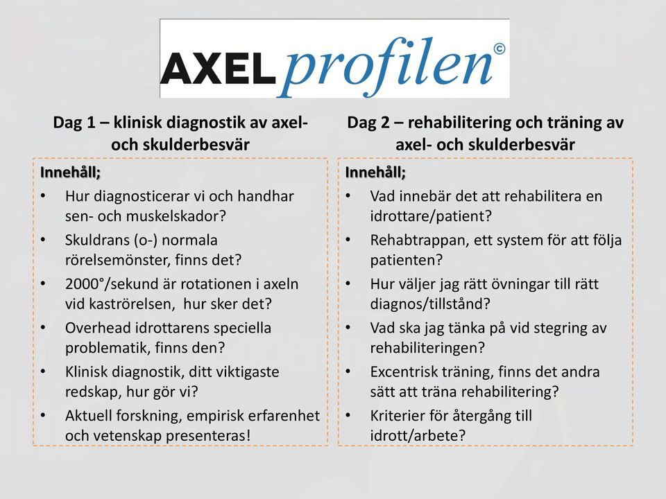 Aktuell forskning, empirisk erfarenhet och vetenskap presenteras! Dag 2 rehabilitering och träning av axel- och skulderbesvär Innehåll; Vad innebär det att rehabilitera en idrottare/patient?