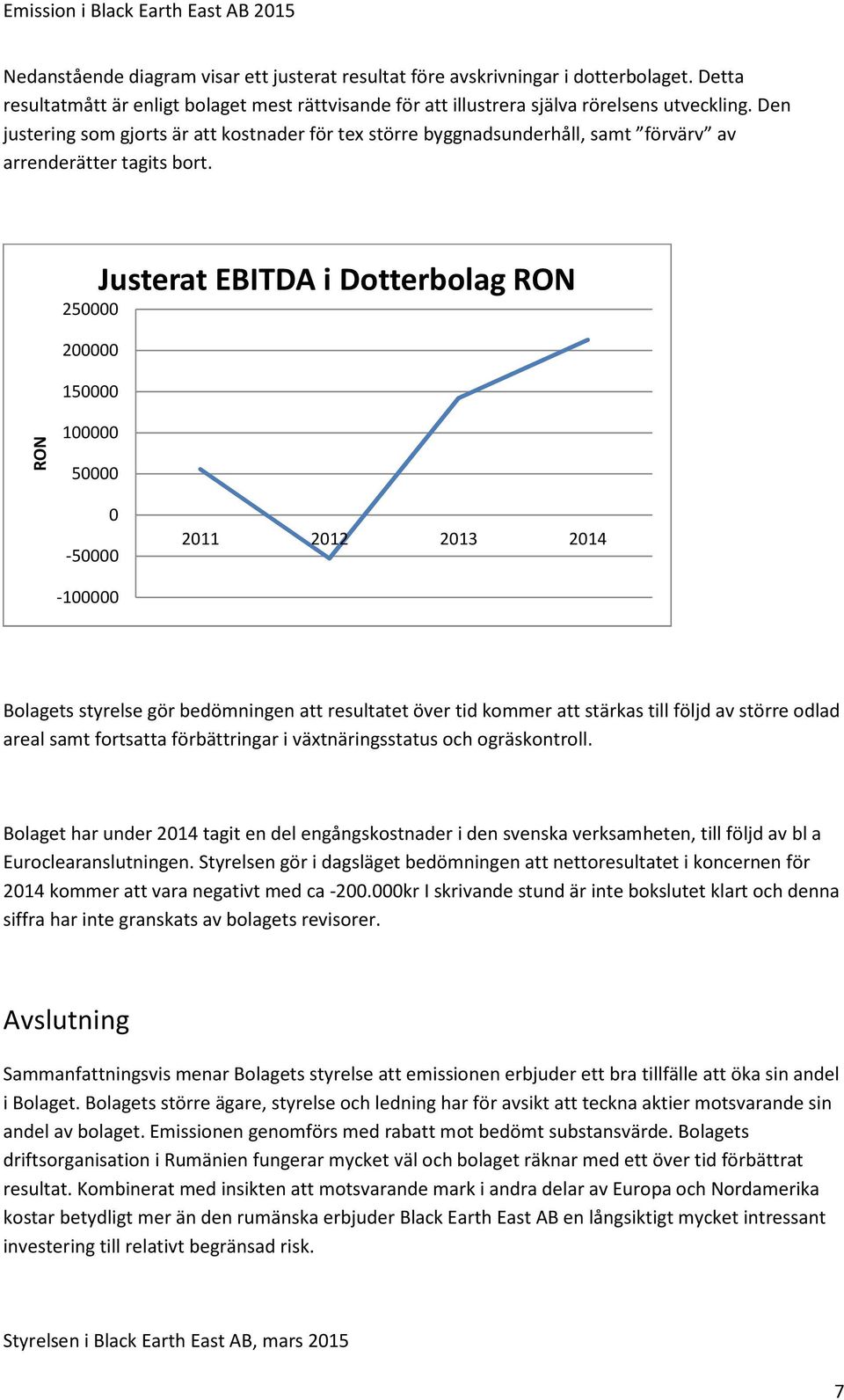 250000 200000 150000 Justerat EBITDA i Dotterbolag RON RON 100000 50000 0-50000 2011 2012 2013 2014-100000 Bolagets styrelse gör bedömningen att resultatet över tid kommer att stärkas till följd av