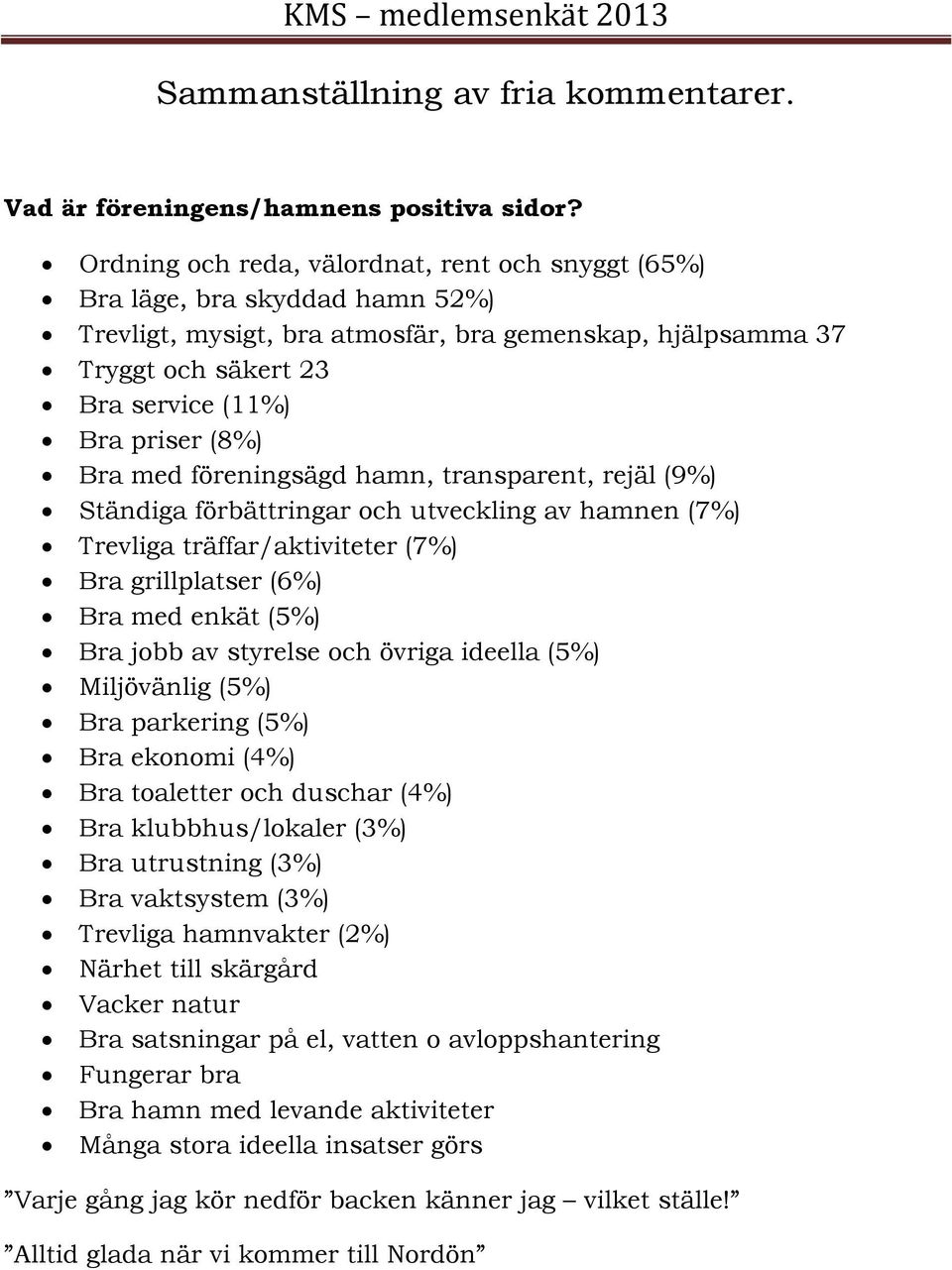 Bra med föreningsägd hamn, transparent, rejäl (9%) Ständiga förbättringar och utveckling av hamnen (7%) Trevliga träffar/aktiviteter (7%) Bra grillplatser (6%) Bra med enkät (5%) Bra jobb av styrelse