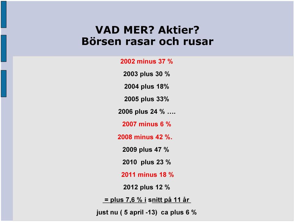 2005 plus 33% 2006 plus 24 %. 2007 minus 6 % 2008 minus 42 %.