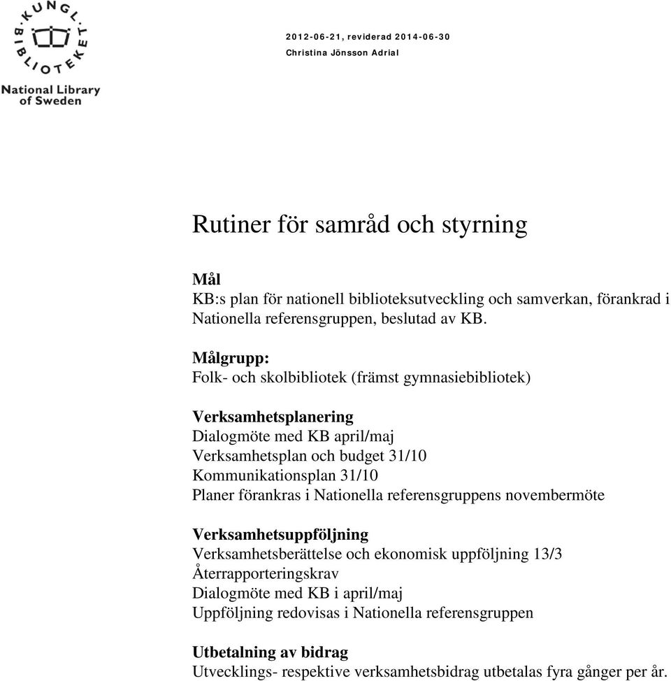 31/10 Planer förankras i Nationella referensgruppens novembermöte Verksamhetsuppföljning Verksamhetsberättelse och ekonomisk uppföljning 13/3