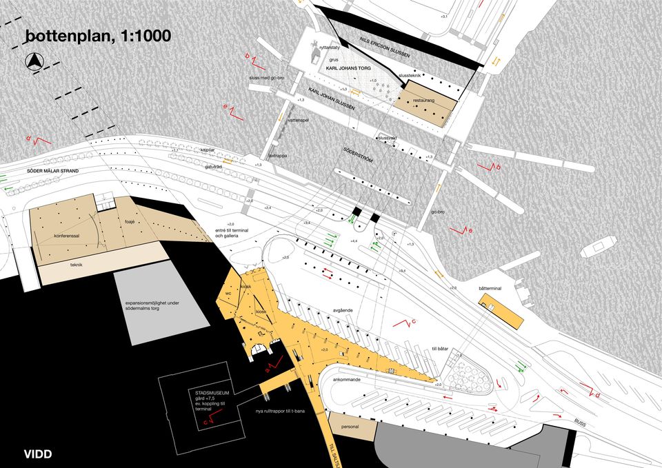 +1,3 konferenssal foajé entré till terminal och galleria +1,3 teknik wc kiosk båtterminal expansionsmöjlighet under södermalms torg kiosk