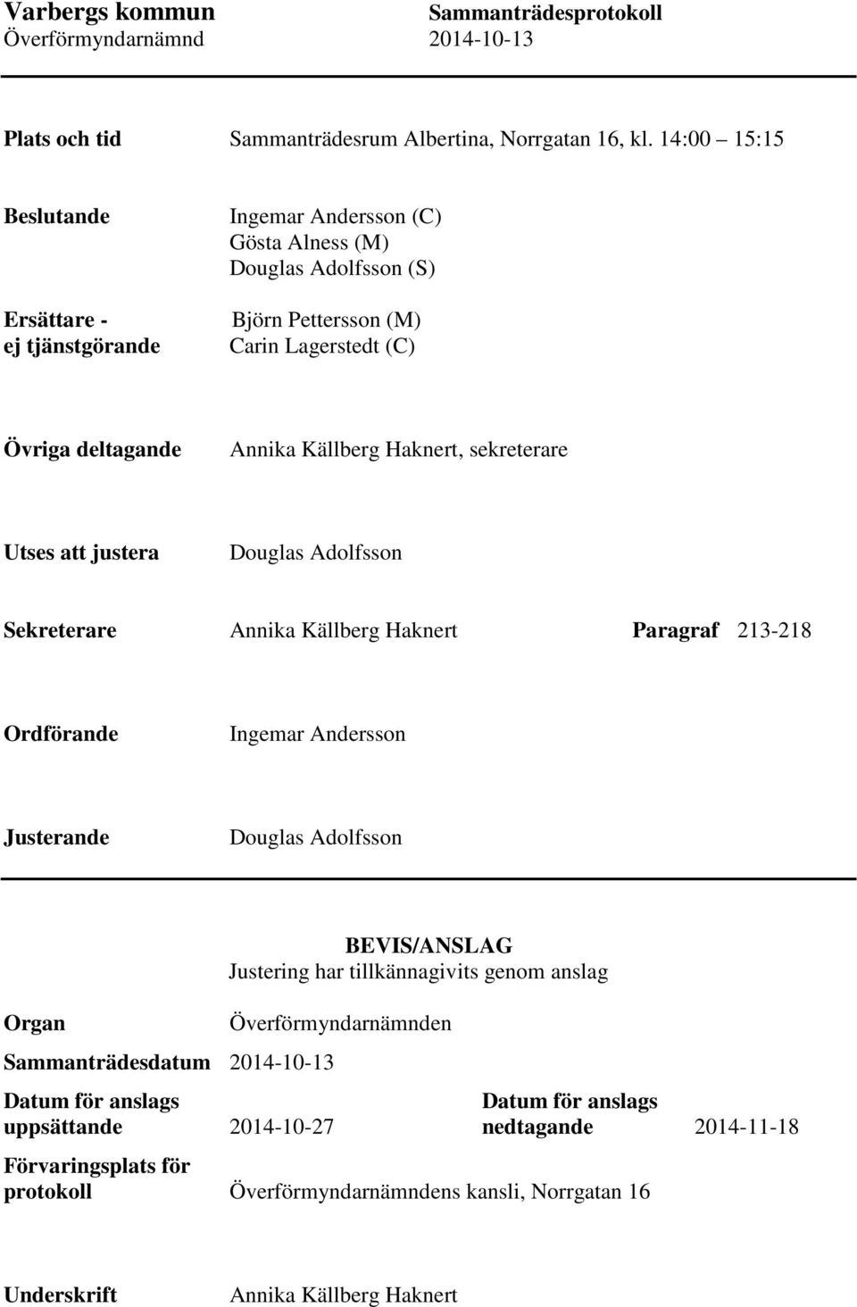 Haknert, sekreterare Utses att justera Douglas Adolfsson Sekreterare Annika Källberg Haknert Paragraf 213-218 Ordförande Ingemar Andersson Justerande Douglas Adolfsson Organ