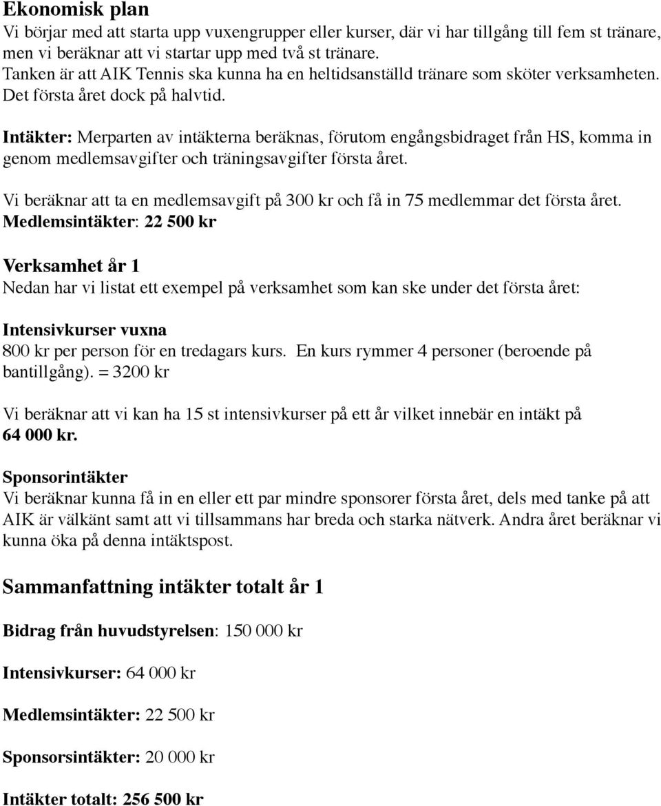 Intäkter: Merparten av intäkterna beräknas, förutom engångsbidraget från HS, komma in genom medlemsavgifter och träningsavgifter första året.