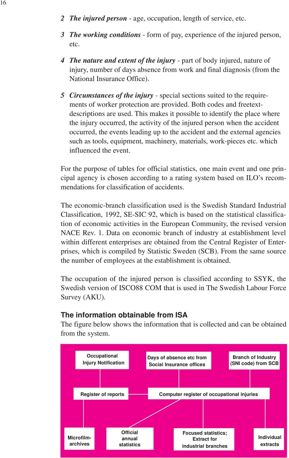 5 Circumstances of the injury - special sections suited to the requirements of worker protection are provided. Both codes and freetextdescriptions are used.